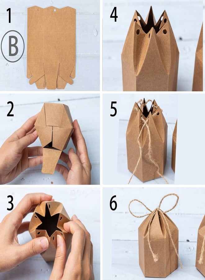 Lamantery 50Pack Mini Paper Gift Boxes Lantern Hexagon Kraft Paper Package Box with Twine Candy Chocolate Gift Packing Wrap for Wedding Party Christmas Brown - Image 4