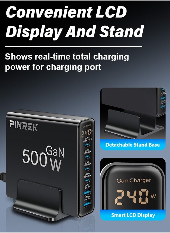 PINREK - 500W USB C Charger Fast Charging Station,Wall Charger with GaN Technology/LED Display/4 PD Type-C Ports (140W,3 x 100W) and 2 QC USB A Ports (2 x 30W),Laptop Power Adapter Plug Cube Certified for MacBook Air Samsung iPhone iPad Galaxy Huawei Xiaomi and More - 1.5m Power Cord/PD 100W Cable - Image 1