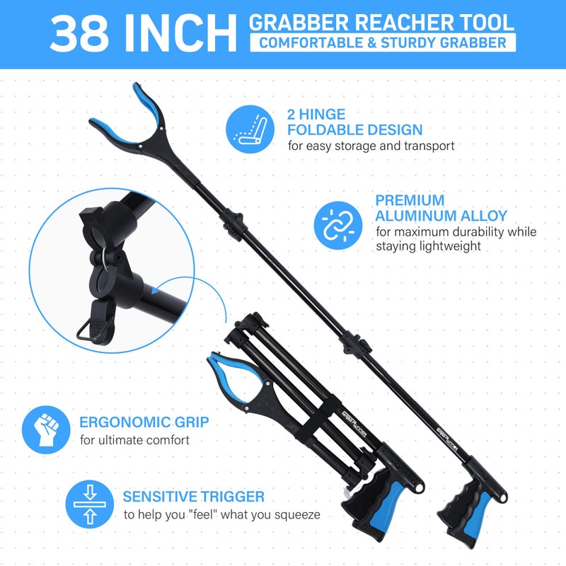 GrabRunner 38" Extra Long Grabber Reacher Tool â€“ 3 Pack Foldable Reacher Grabber Pickup Tools with 360Â° Rotating Jaw & Magnet - Heavy Duty Pick Up Grabbers for Seniors, Trash, Surgery Recovery (Orange Blue Pink) - Image 4