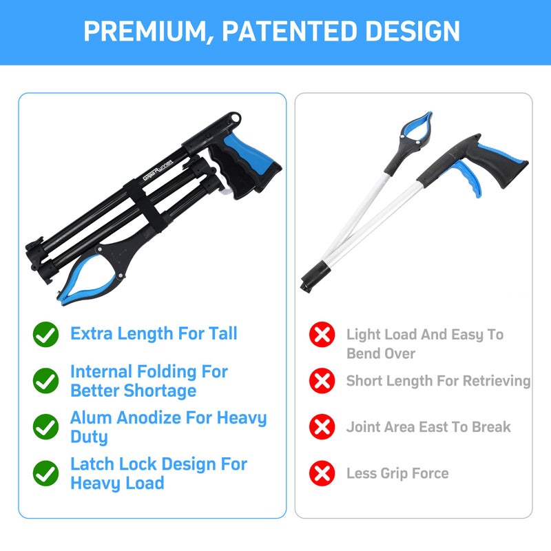 GrabRunner 38" Extra Long Grabber Reacher Tool â€“ 3 Pack Foldable Reacher Grabber Pickup Tools with 360Â° Rotating Jaw & Magnet - Heavy Duty Pick Up Grabbers for Seniors, Trash, Surgery Recovery (Orange Blue Pink) - Image 5