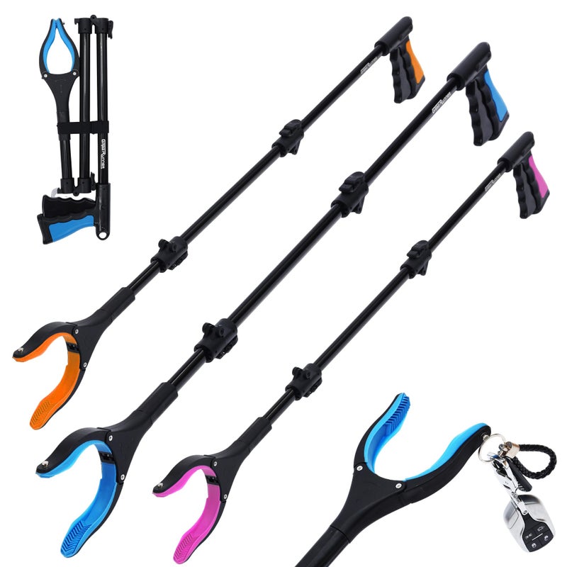 GrabRunner 38" Extra Long Grabber Reacher Tool â€“ 3 Pack Foldable Reacher Grabber Pickup Tools with 360Â° Rotating Jaw & Magnet - Heavy Duty Pick Up Grabbers for Seniors, Trash, Surgery Recovery (Orange Blue Pink) - Image 1
