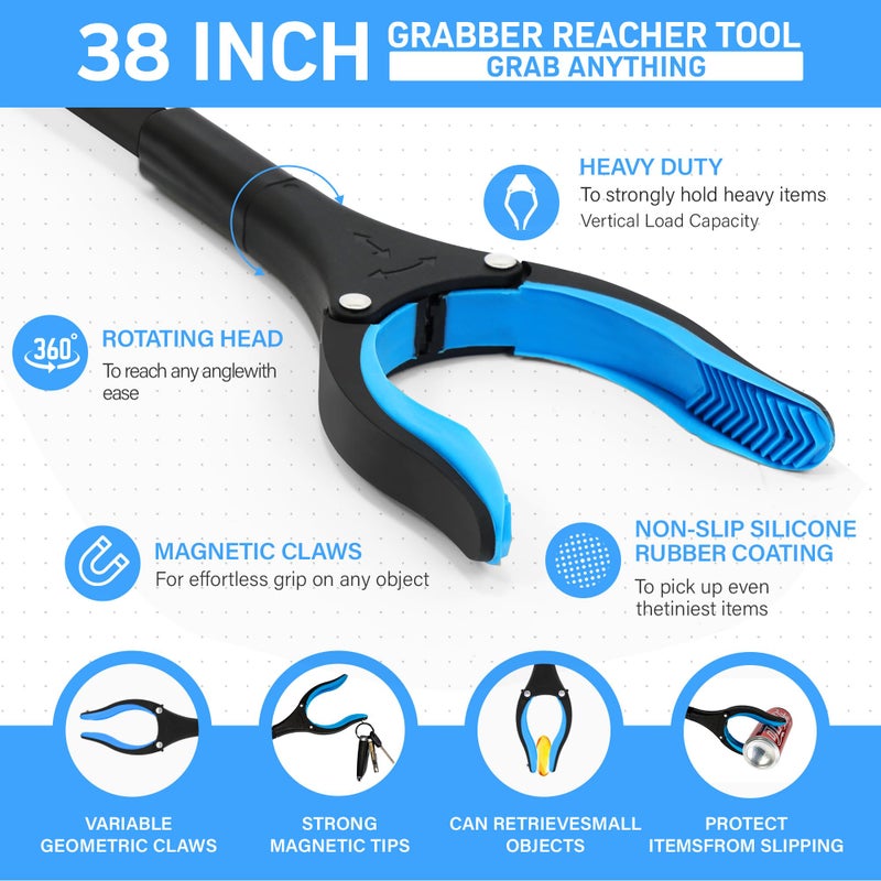 GrabRunner 38" Extra Long Grabber Reacher Tool â€“ 3 Pack Foldable Reacher Grabber Pickup Tools with 360Â° Rotating Jaw & Magnet - Heavy Duty Pick Up Grabbers for Seniors, Trash, Surgery Recovery (Orange Blue Pink) - Image 3