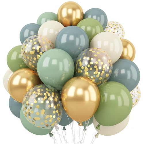 Togvu Dusty Green Blue Balloon 60 Packs 12 Inch Sage Green Blue Balloon with Haze Fog Blue Sand White and Gold Balloons for Jungle Safari Neutral Boho Birthday Baby Shower Party Decorations - Image 1