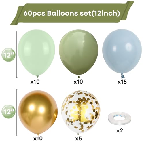 Togvu Dusty Green Blue Balloon 60 Packs 12 Inch Sage Green Blue Balloon with Haze Fog Blue Sand White and Gold Balloons for Jungle Safari Neutral Boho Birthday Baby Shower Party Decorations - Image 5