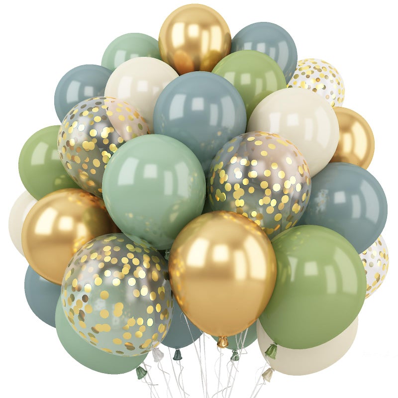 Togvu Dusty Green Blue Balloon 60 Packs 12 Inch Sage Green Blue Balloon with Haze Fog Blue Sand White and Gold Balloons for Jungle Safari Neutral Boho Birthday Baby Shower Party Decorations - Image 3