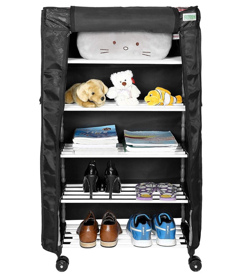FLIPZON Multipurpose 5 ShelvesLayer Shoe Rack Organizer with Wheels and Dustproof Cover Portable Smart Storage Rack Organizer with Zip Cover Easy to Move Metal Plastic Multicolour - Image 1
