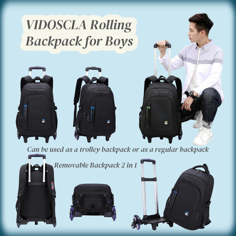 VIDOSCLA Black Kids Boys Rolling Backpack Teens Carry-on Luggage with Wheels Trolly BookBag for School-2 Wheels - Image 2