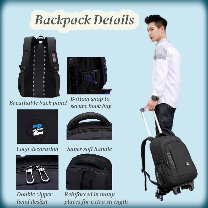 VIDOSCLA Black Kids Boys Rolling Backpack Teens Carry-on Luggage with Wheels Trolly BookBag for School-2 Wheels - Image 5