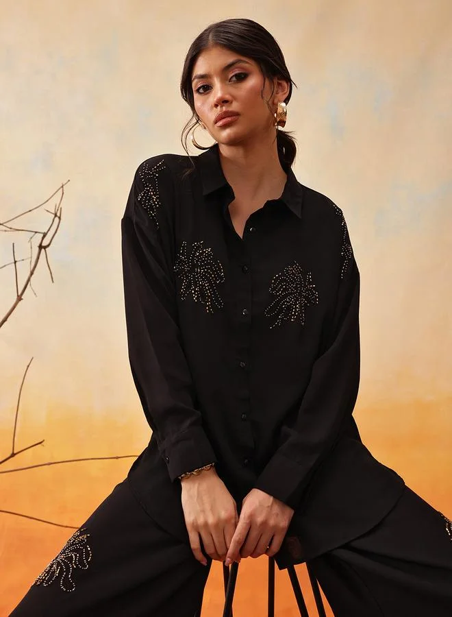 STREET 9 STREET 9 Black Beaded Longline Shirt and Trousers Co-Ords