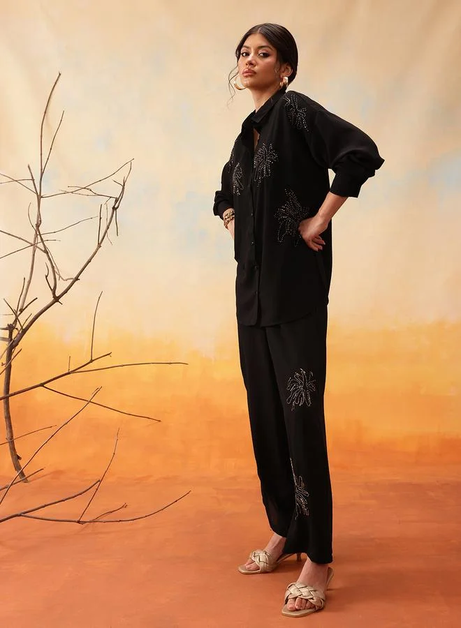 STREET 9 STREET 9 Black Beaded Longline Shirt and Trousers Co-Ords