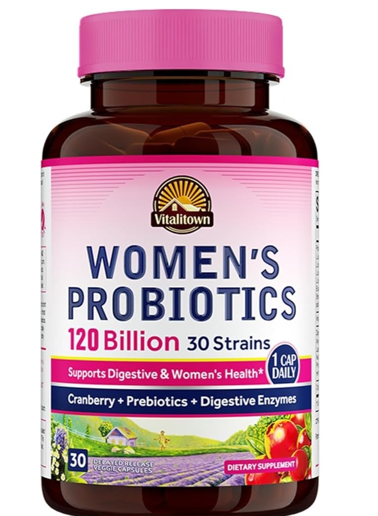 Vitalitown Women’s Probiotics, 120 Billion CFU, 30 Strains, with Prebiotics, Digestive Enzymes, and Cranberry for Digestive and Intimate Health, Vegan - 30 Capsules - Image 1