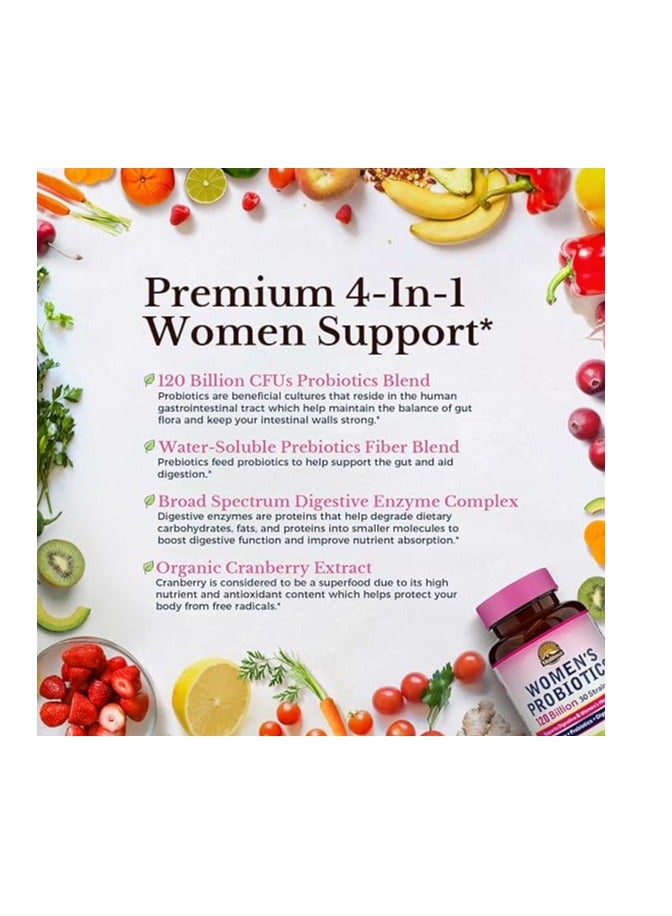 Vitalitown Women’s Probiotics, 120 Billion CFU, 30 Strains, with Prebiotics, Digestive Enzymes, and Cranberry for Digestive and Intimate Health, Vegan - 30 Capsules - Image 3