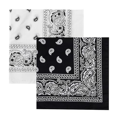 DIKHAWA Unisex Soft Breathable Cotton Paisley Printed Cowboy Bandanas,Headband,Scarf (BLACK,WHITE_50CM X 50CM_Pack of 2) - Image 1
