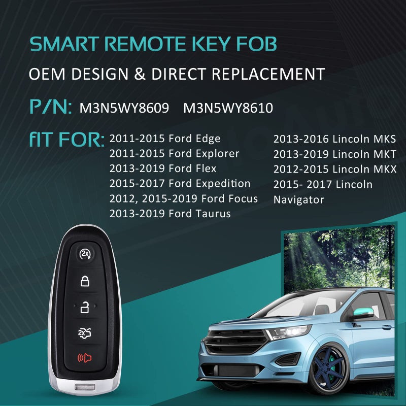 HelloAuto Key Fob Replacement for Ford Explorer Edge 2011-2015, Smart Remote Keyless Entry for Flex Taurus 2013-2019 Expedition Focus Lincoln MKS MKT MKX Navigator Self Programming Key(M3N5WY8609) - Image 2