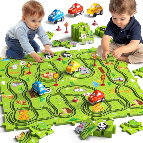 JUKUDAHU 64 Pieces Puzzle Race Track Car Set Toys for 3 4 5 6 Year Old Boys  Puzzle Tracks Car Toys for Kids Ages 35 with 3 Sliding Toy Cars AnimalsThemed Birthday Gifts for Toddlers 13 24 46 - Image 1