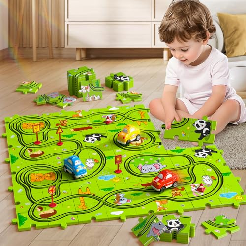 JUKUDAHU 64 Pieces Puzzle Race Track Car Set Toys for 3 4 5 6 Year Old Boys  Puzzle Tracks Car Toys for Kids Ages 35 with 3 Sliding Toy Cars AnimalsThemed Birthday Gifts for Toddlers 13 24 46 - Image 5