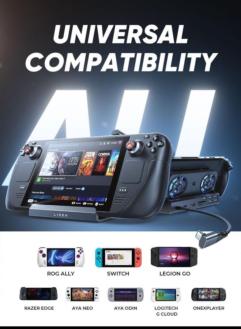 محطة إرساء، محطة إرساء بخاصية 10 في 1 لجهاز Steam Deck مع 5 منافذ USB 3.0 و 2.0، مروحة تبريد مزدوجة، HDMI 4K@60Hz، إيثرنت جيجابت، شحن 100 واط لجهاز Valve Stream Deck، ROG Ally و Legion Go - Image 5