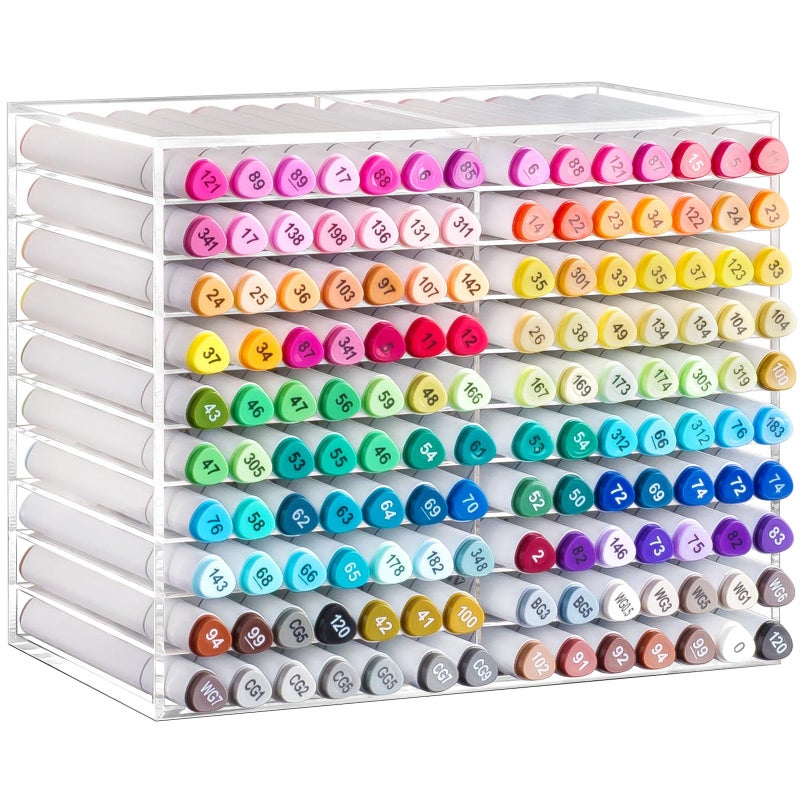 BEYGORM Acrylic Vertical Marker Organizer for 140 Markers,Angled Pen Holders Desktop Organization,Clear Large Stationary Pencil Holder for Desk,Art Supply Storage Organizers for School Supplie - Image 1