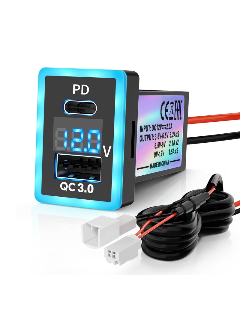 PD+QC3.0 Dual USB Car Charger Fit for Toyota, Type C USB Port Socket Fast Charging with LED Voltage Display  Frame Light, Car Power Socket Fit for Cellphone PDA Laptop GPS (1.3''×0.9'') - Image 1