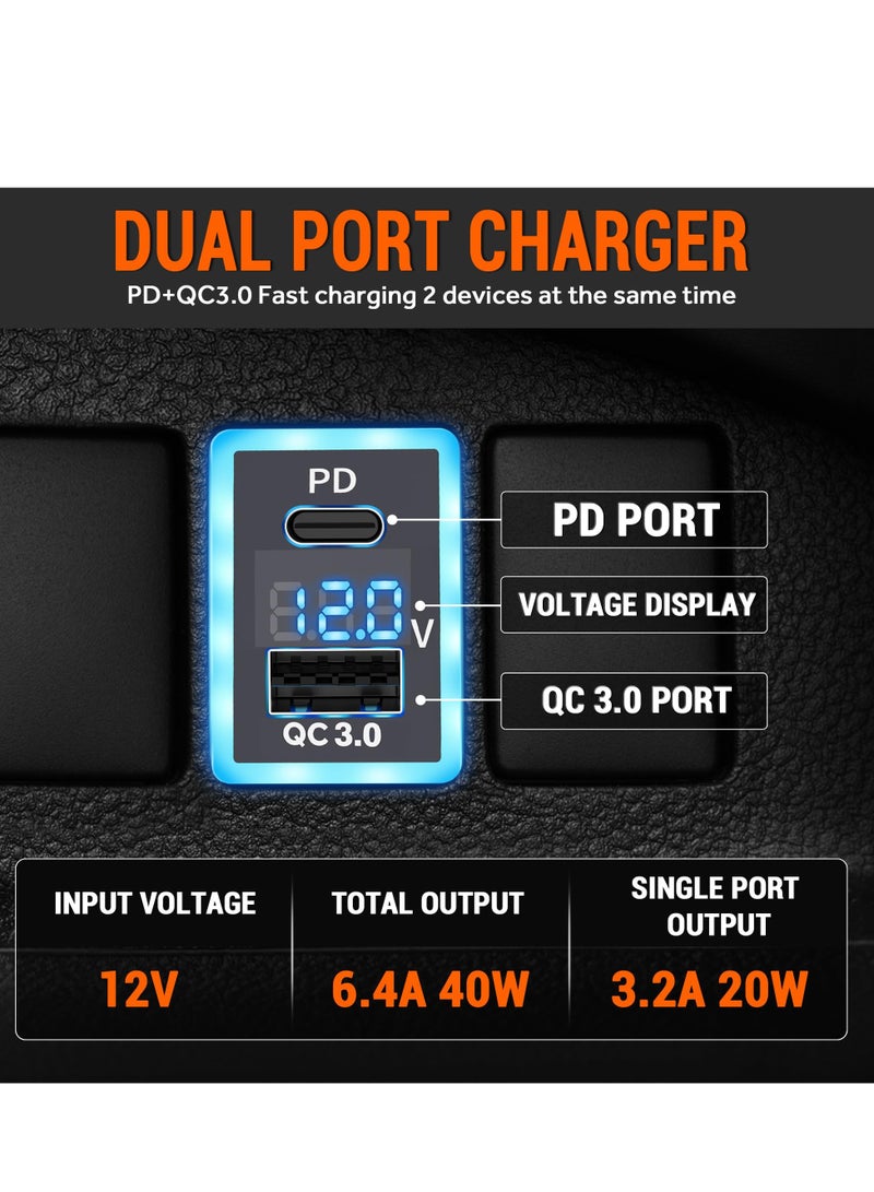 PD+QC3.0 Dual USB Car Charger Fit for Toyota, Type C USB Port Socket Fast Charging with LED Voltage Display  Frame Light, Car Power Socket Fit for Cellphone PDA Laptop GPS (1.3''×0.9'') - Image 2