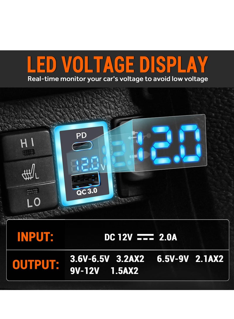 PD+QC3.0 Dual USB Car Charger Fit for Toyota, Type C USB Port Socket Fast Charging with LED Voltage Display  Frame Light, Car Power Socket Fit for Cellphone PDA Laptop GPS (1.3''×0.9'') - Image 4