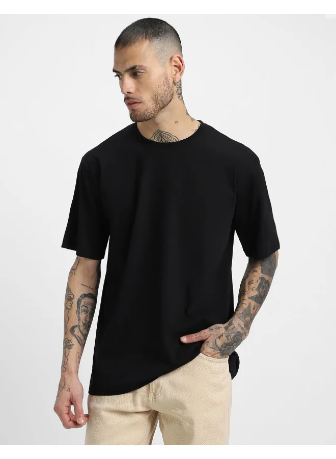 فيردو Veirdo® Pure Cotton Round Neck Half Sleeve Oversized Baggy Fit Drop Shoulder Back Printed Black T-Shirt for Men