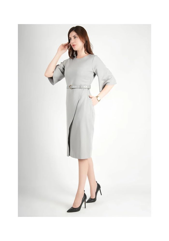 Exude فستان ميدي أنيق باللون الرمادي مع حزام للنساء - Image 3