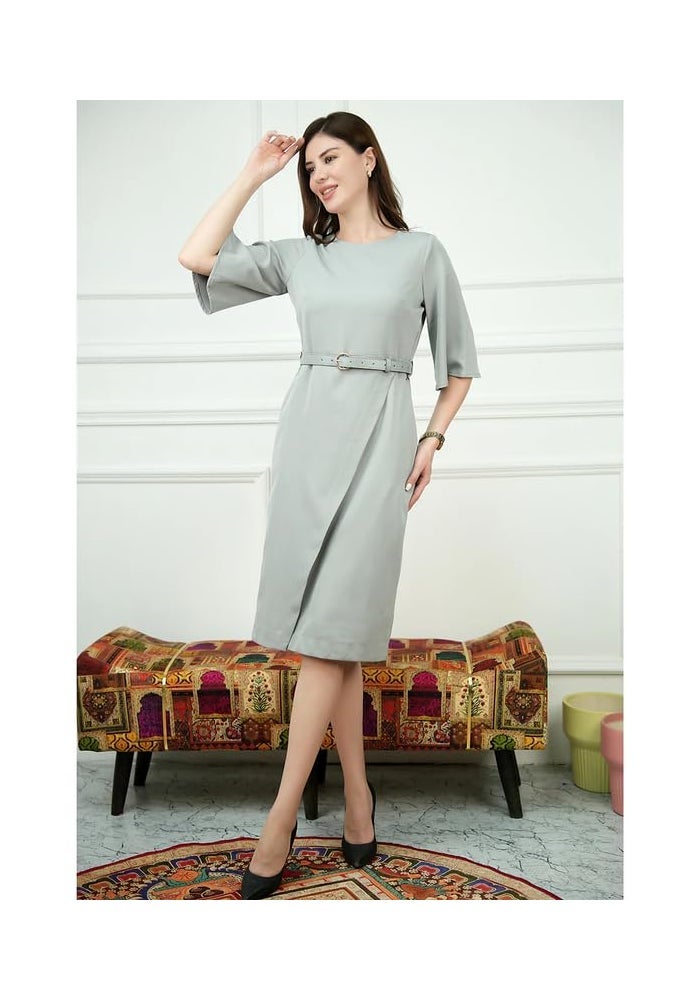 Exude فستان ميدي أنيق باللون الرمادي مع حزام للنساء - Image 2