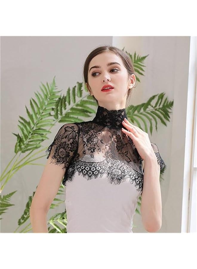 كلفة قابلة للإزالة من الدانتيل للنساء بلون أسود مزهر، قميص نصف مزيف بغطاء للرقبة (م، أسود) - Image 2