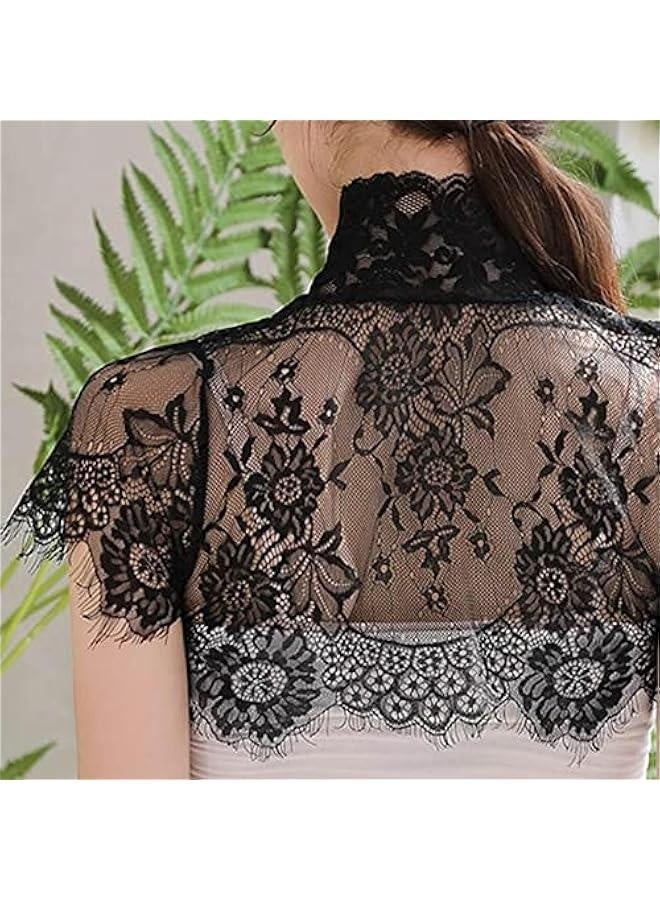 كلفة قابلة للإزالة من الدانتيل للنساء بلون أسود مزهر، قميص نصف مزيف بغطاء للرقبة (م، أسود) - Image 3