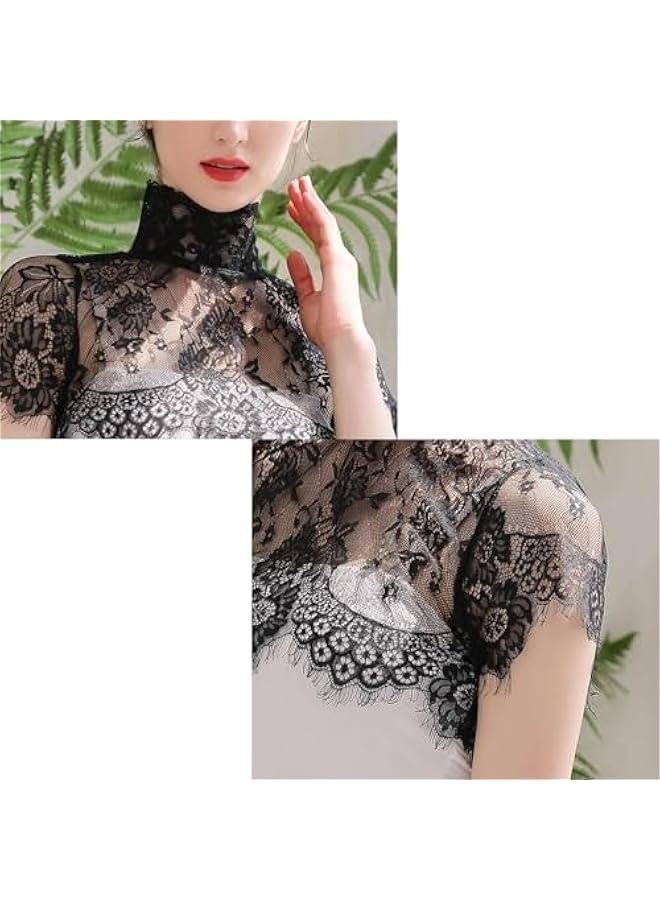 كلفة قابلة للإزالة من الدانتيل للنساء بلون أسود مزهر، قميص نصف مزيف بغطاء للرقبة (م، أسود) - Image 4