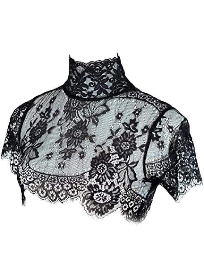 كلفة قابلة للإزالة من الدانتيل للنساء بلون أسود مزهر، قميص نصف مزيف بغطاء للرقبة (م، أسود) - Image 1