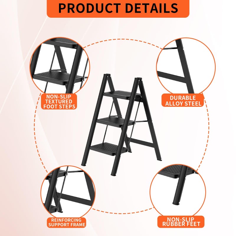 DYUEE 3 Step Ladder with Anti Slip Steps and Feet, Portable Folding Step Stool Heavy Duty Steel Step Ladder, Easy to Store for Home, Kitchen, Gardening, Garage Household Ladder - Image 4