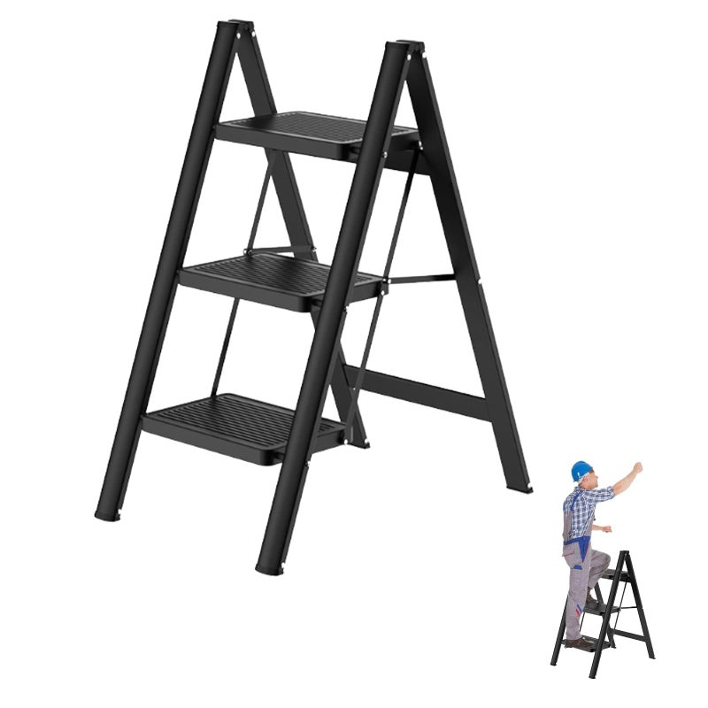 DYUEE 3 Step Ladder with Anti Slip Steps and Feet, Portable Folding Step Stool Heavy Duty Steel Step Ladder, Easy to Store for Home, Kitchen, Gardening, Garage Household Ladder - Image 1