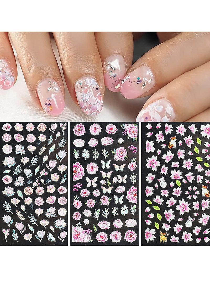 نيبمينينت Flower Nail Art Sticker Decals 5d Exquisite Embossed Supplies Self-Adhesive Decoration Pink Romantic Cherry Blossom Leaf Petal Carving Design Acrylic 3 Sheets - Image 1