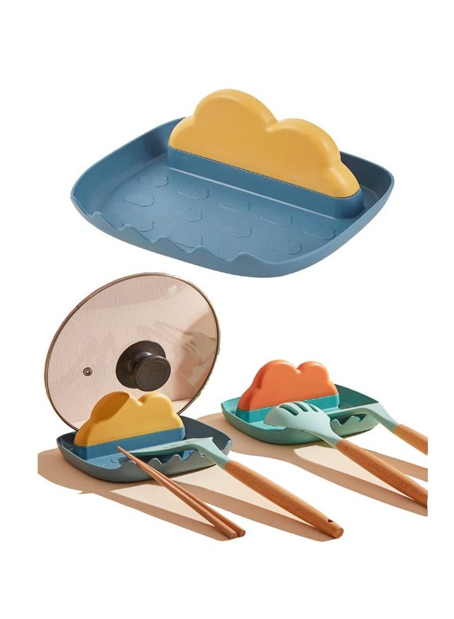 Kitchen Utensils Rest with Drip Pad, Cooking Spoon Rest with Lid Holder, Heat-Resistant Pot Lid Stand Holder, Countertop Organiser Rack for Spoon, Ladles, Tongs, Spatula, Fork,Blue and Green, 2pcs  - Image 1