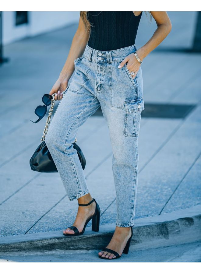 Autumn/winter New Style, Temperament Commute Cotton Light Wash Multi-pocket Jeans 8762 - Image 5