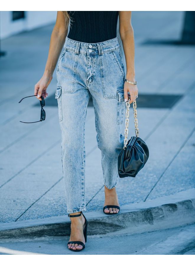 Autumn/winter New Style, Temperament Commute Cotton Light Wash Multi-pocket Jeans 8762 - Image 4