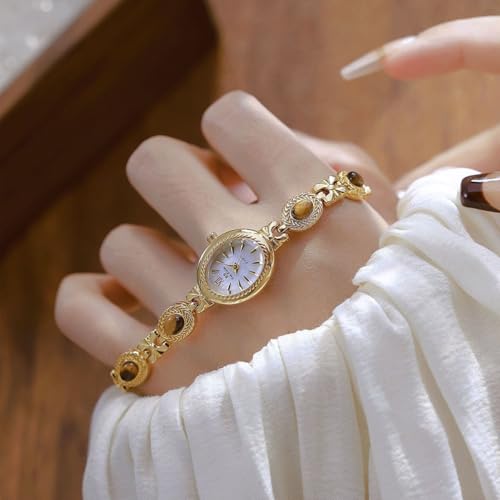 FANMIS Gold Watches for Women with Small Vintage Bracelet Elegant Jade Oval Dial Dress Watch Fashion Quartz Wrist Watch Waterproof Watch (Y Gold White) - Image 4