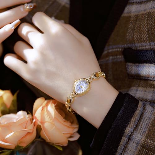 FANMIS Gold Watches for Women with Small Vintage Bracelet Elegant Jade Oval Dial Dress Watch Fashion Quartz Wrist Watch Waterproof Watch (Y Gold White) - Image 5