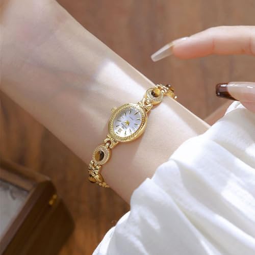 FANMIS Gold Watches for Women with Small Vintage Bracelet Elegant Jade Oval Dial Dress Watch Fashion Quartz Wrist Watch Waterproof Watch (Y Gold White) - Image 3