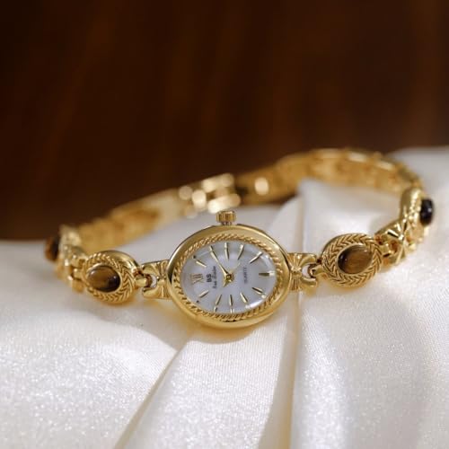 FANMIS Gold Watches for Women with Small Vintage Bracelet Elegant Jade Oval Dial Dress Watch Fashion Quartz Wrist Watch Waterproof Watch (Y Gold White) - Image 2
