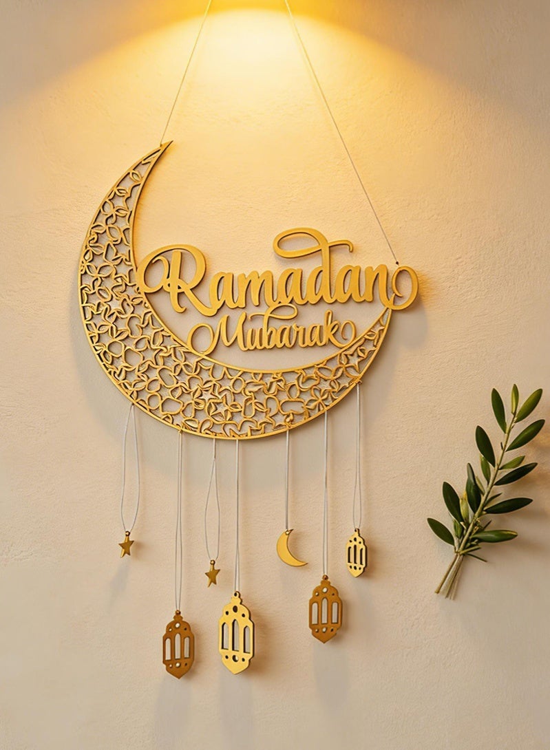 Topyich Ramadan Decorations,Ramadan Hanging Decorations,Eid Mubarak Wooden Hanging Sign Ramadan Wall Hanging Decoration Moon Star Lantern Shape Decor - Image 1