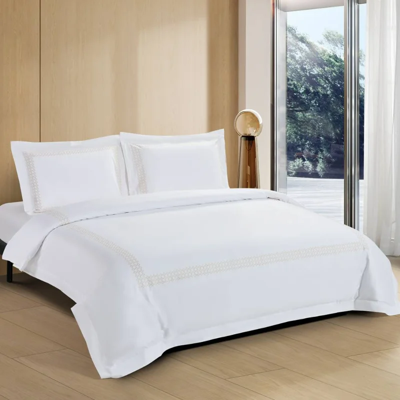 DWELL Dwell-Honeycomb Embroidered Duvet Cover Set - White/Beige-Duvet Cover - 240 x 220 CM, Fitted Sheet - 180 x 200 x 38 CM Pillow cases 50 x 80 CM-White/Beige