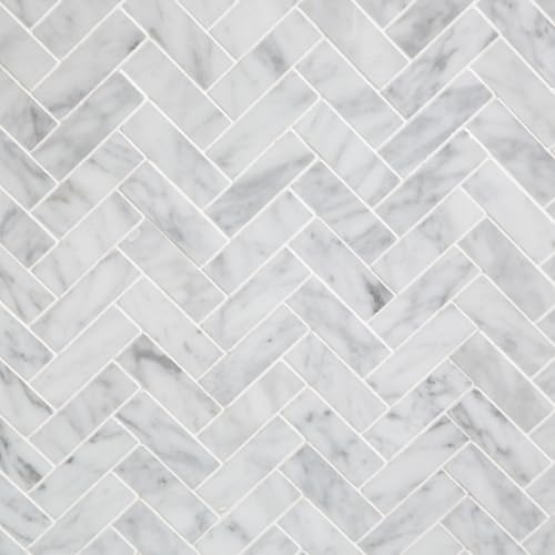 Diflart Marble Mosaic Tile, Marble Backsplash Tiles for Kitchen Bathroom Wall Floor, Pack of 5 Sheets (White Carrara Polished, 1x3 Inch Herringbone) - Image 1