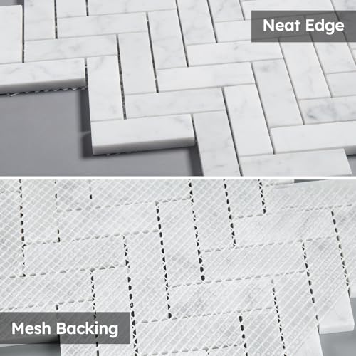Diflart Marble Mosaic Tile, Marble Backsplash Tiles for Kitchen Bathroom Wall Floor, Pack of 5 Sheets (White Carrara Polished, 1x3 Inch Herringbone) - Image 4