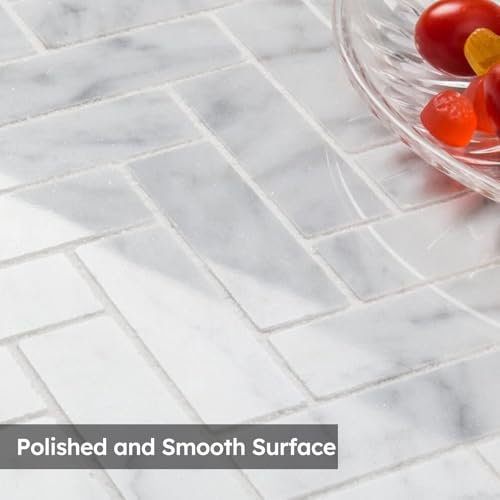 Diflart Marble Mosaic Tile, Marble Backsplash Tiles for Kitchen Bathroom Wall Floor, Pack of 5 Sheets (White Carrara Polished, 1x3 Inch Herringbone) - Image 5