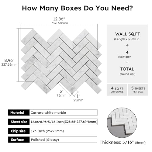 Diflart Marble Mosaic Tile, Marble Backsplash Tiles for Kitchen Bathroom Wall Floor, Pack of 5 Sheets (White Carrara Polished, 1x3 Inch Herringbone) - Image 3