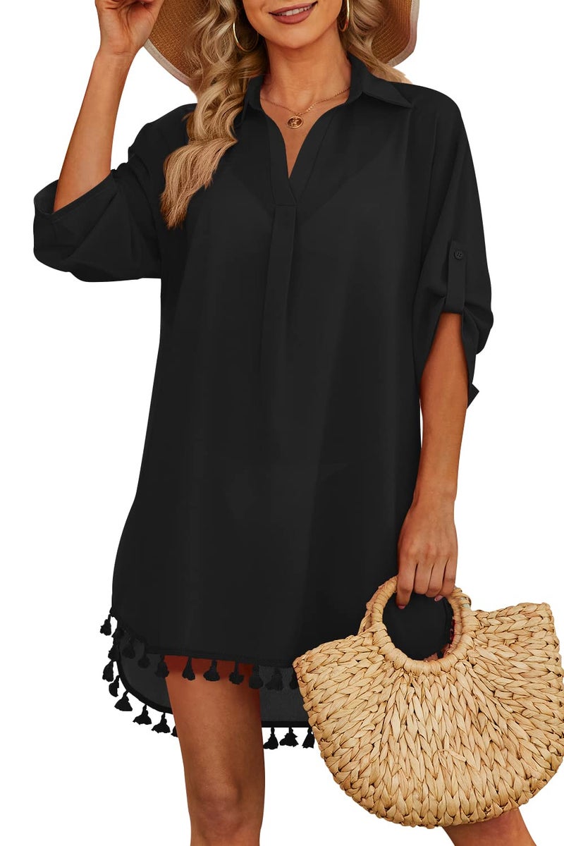 Yincro Women Swimsuit Cover Up Shirt 2026 Tassel Beach Bathing Suit for Swimwear Bikini Dress(Black, M) - Image 1