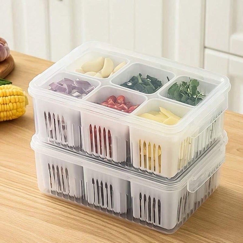 VEWIKZY 6 Grid Fridge Storage Boxes Kitchen Storage Container Set Vegetable Storage box Draining Crisper Refrigerator Food Box 1 - Image 1